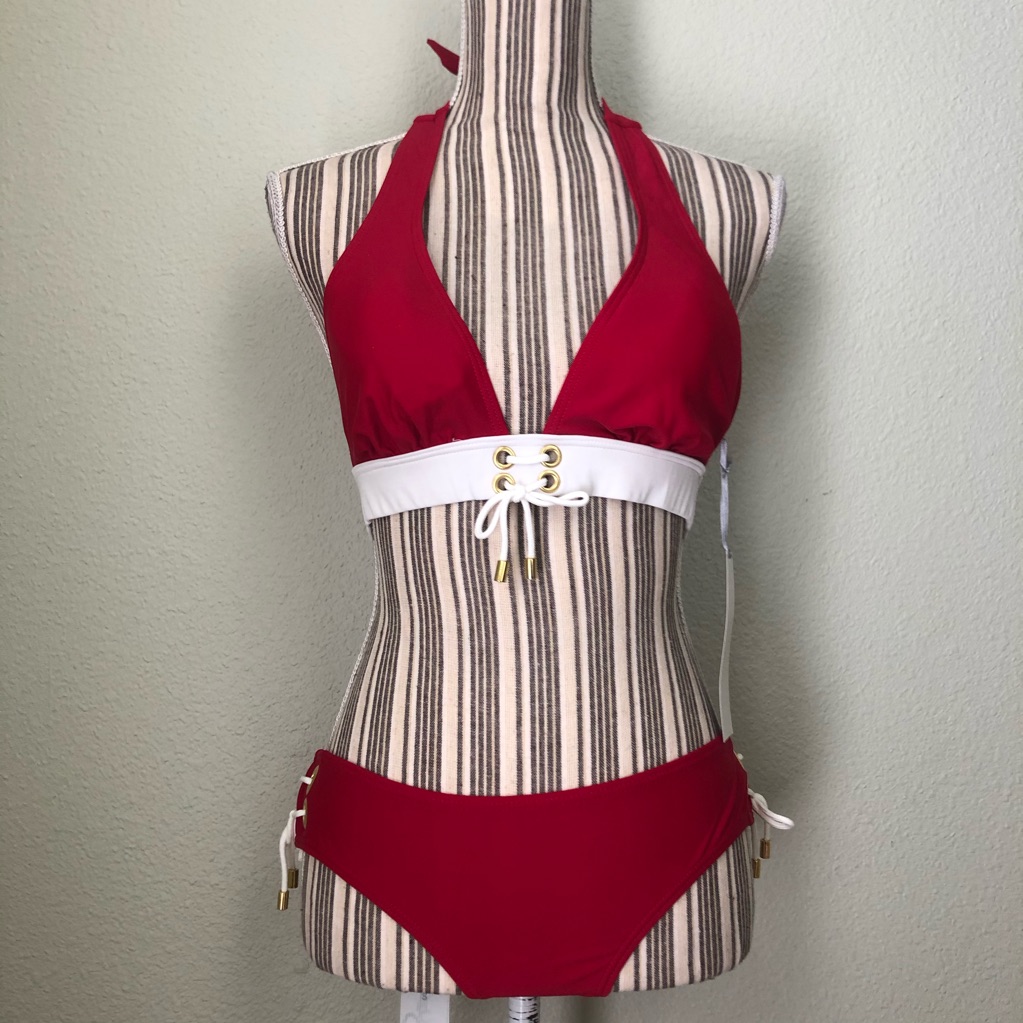 J.Y. Rays Nwt Red And White Bikini Gold Halter S